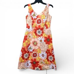 Vintage Y2K Orange Yellow Floral Casual Corner V Neck Sleeveless Dress NWT 8
